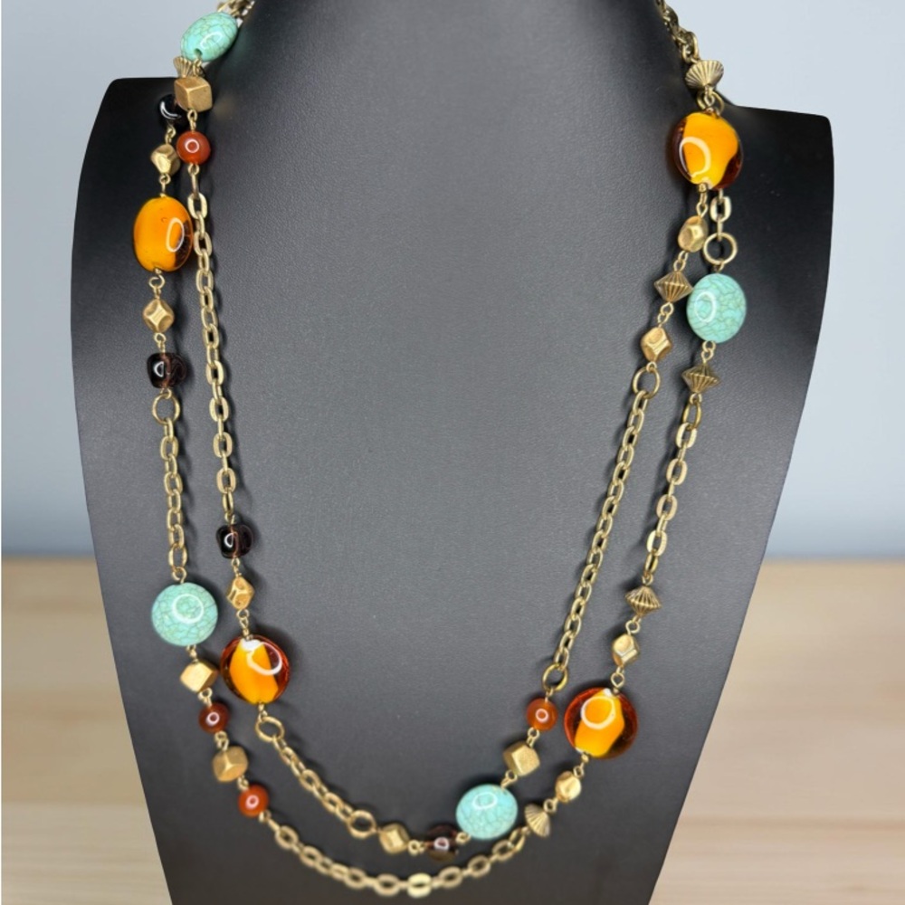 Premier Designs Gold Chain Necklace with Turquoise and Amber Glass Beads